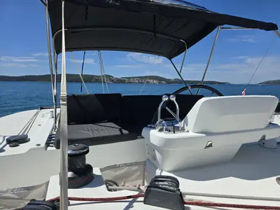 Cockpit of Sail La Vie, a Lagoon 50 catamaran at Seget Donji, Croatia