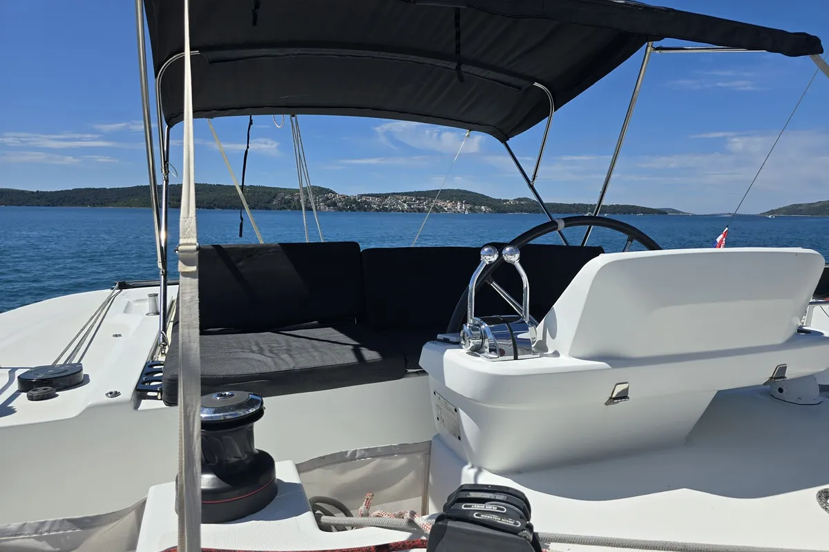 Cockpit of Sail La Vie, a Lagoon 50 catamaran at Seget Donji, Croatia