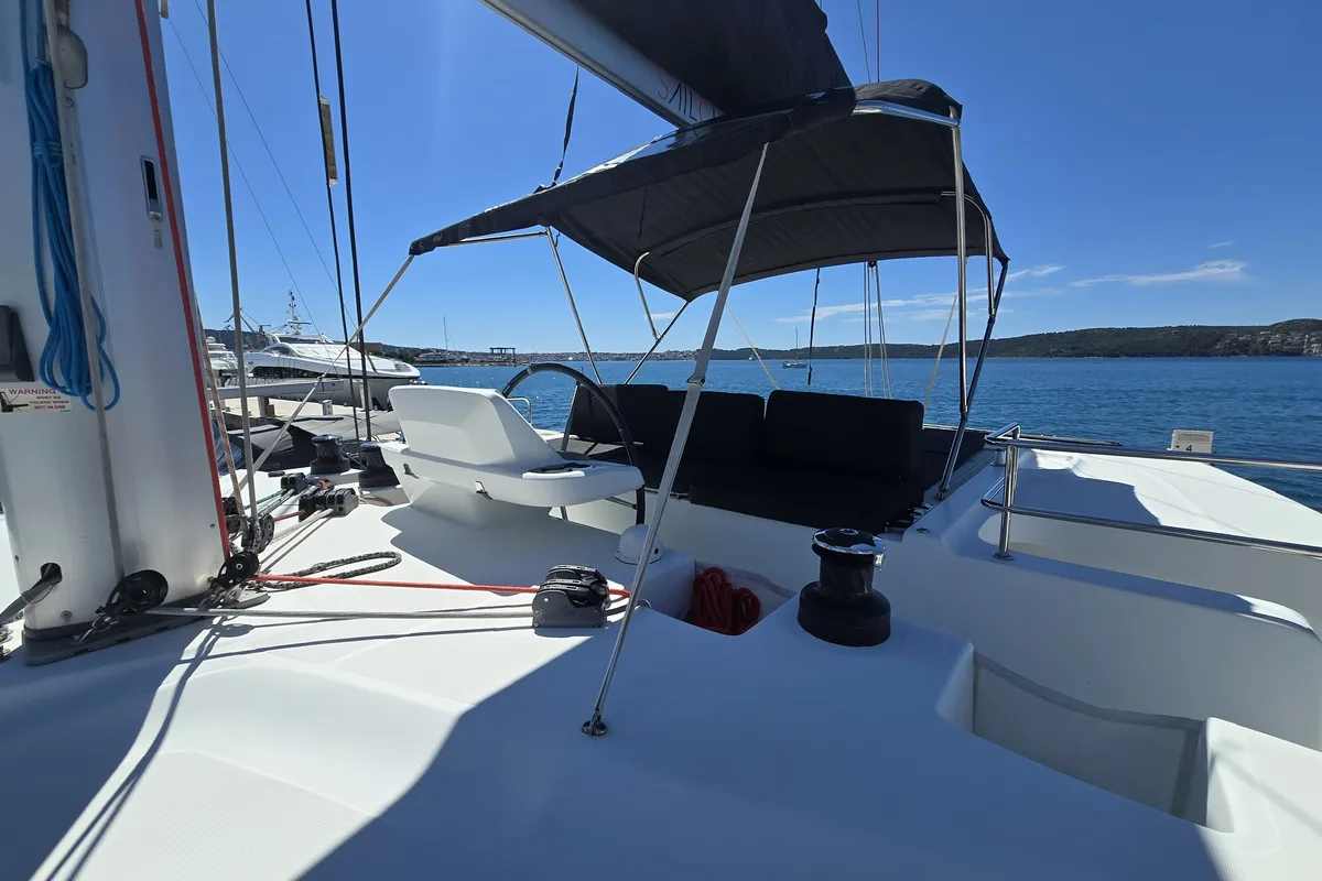 Cockpit of Sail La Vie, a Lagoon 50 catamaran at Seget Donji, Croatia