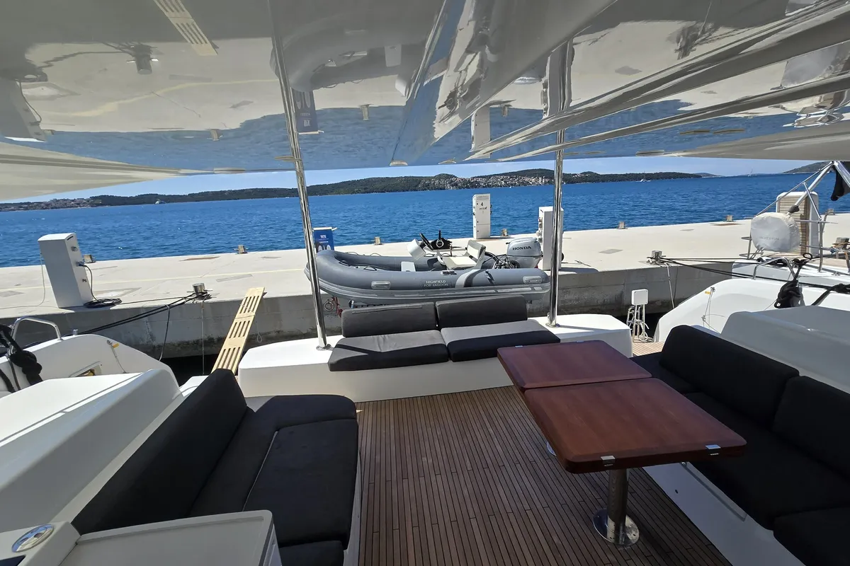 Deck of Sail La Vie, a Lagoon 50 catamaran at Seget Donji, Croatia
