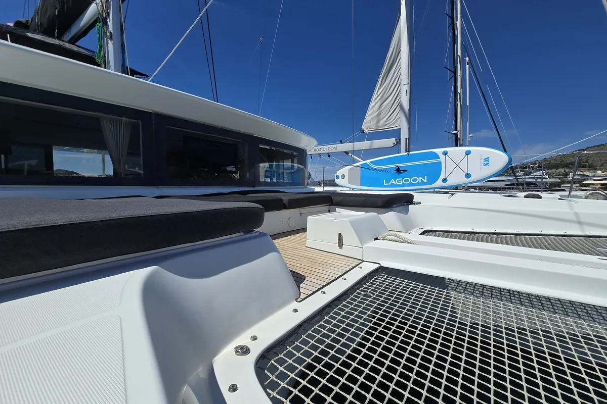 Deck of Sail La Vie, a Lagoon 50 catamaran at Seget Donji, Croatia