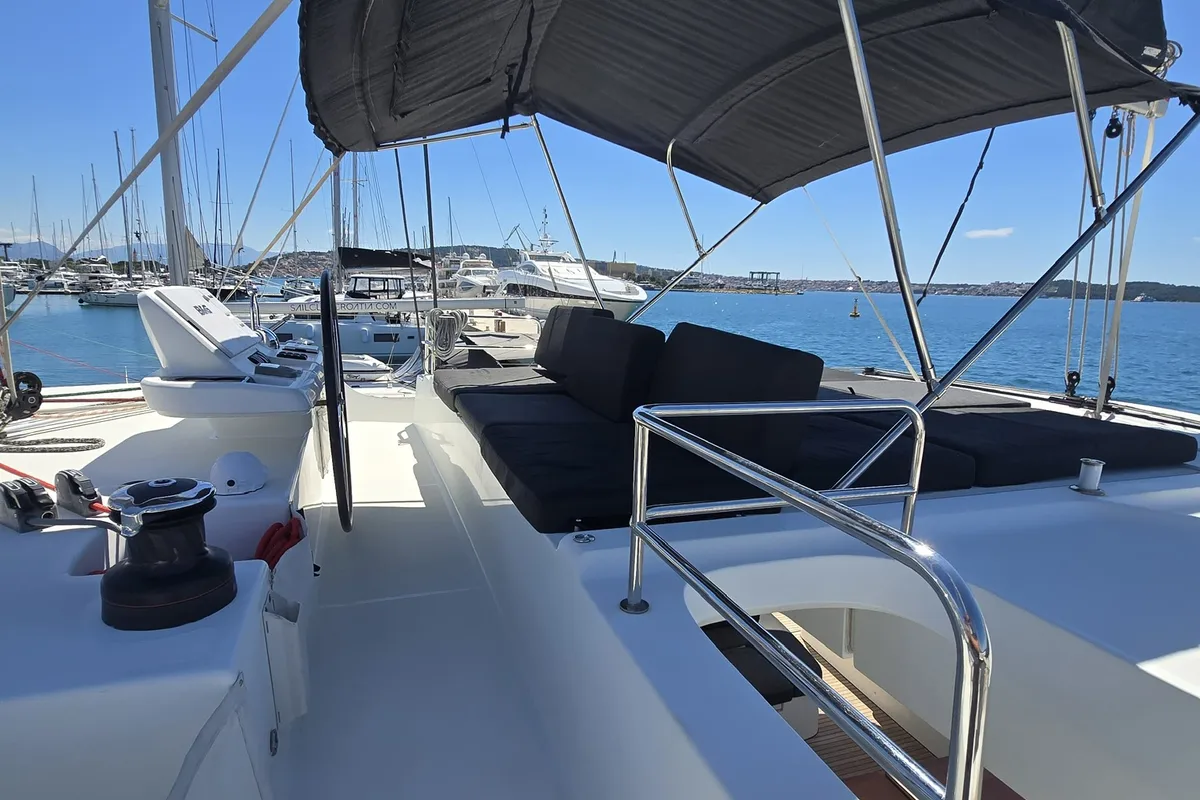 Deck of Sail La Vie, a Lagoon 50 catamaran at Seget Donji, Croatia