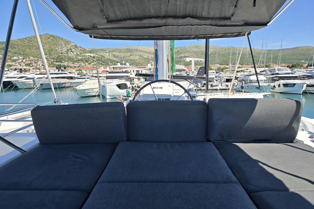 Cockpit of Sail La Vie, a Lagoon 50 catamaran at Seget Donji, Croatia