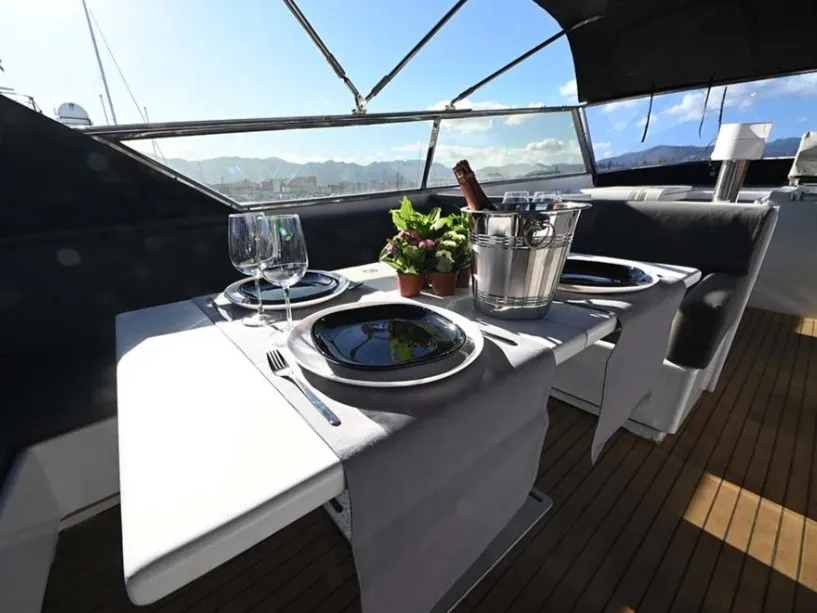 Deck of Maeva Star, a Arno Leopard 23 motor yacht at Syracuse, Italy