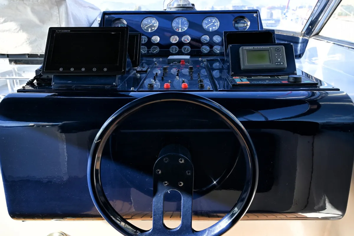 Cockpit of Maeva Star, a Arno Leopard 23 motor yacht at Syracuse, Italy