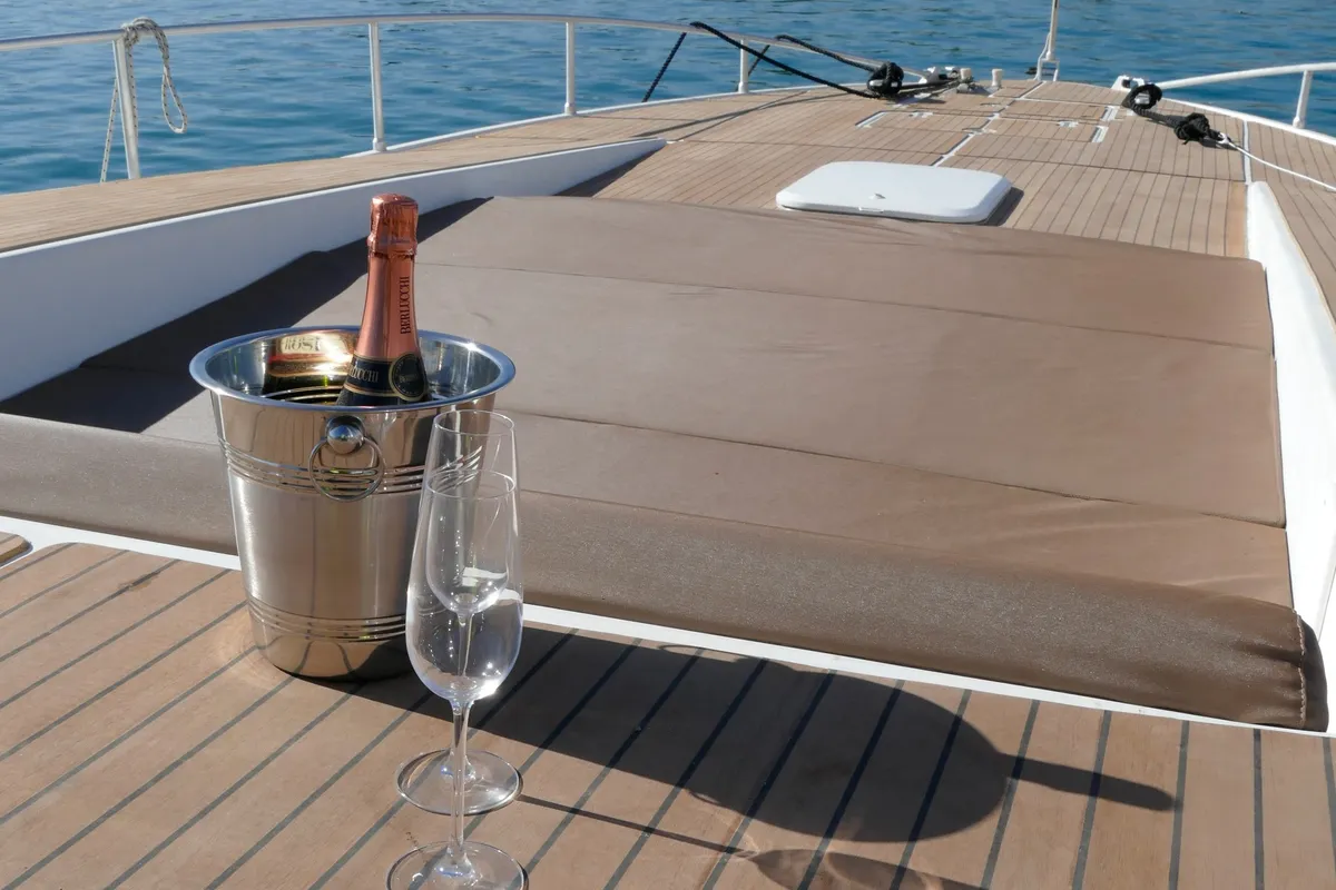 Deck of Maeva Star, a Arno Leopard 23 motor yacht at Syracuse, Italy