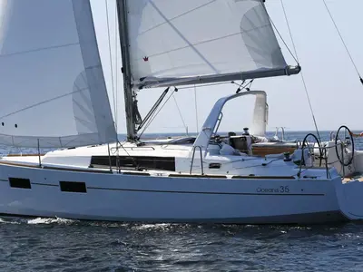 Exterior view of Blondi, a Beneteau Oceanis 35 sailboat at Marmaris, Turkey