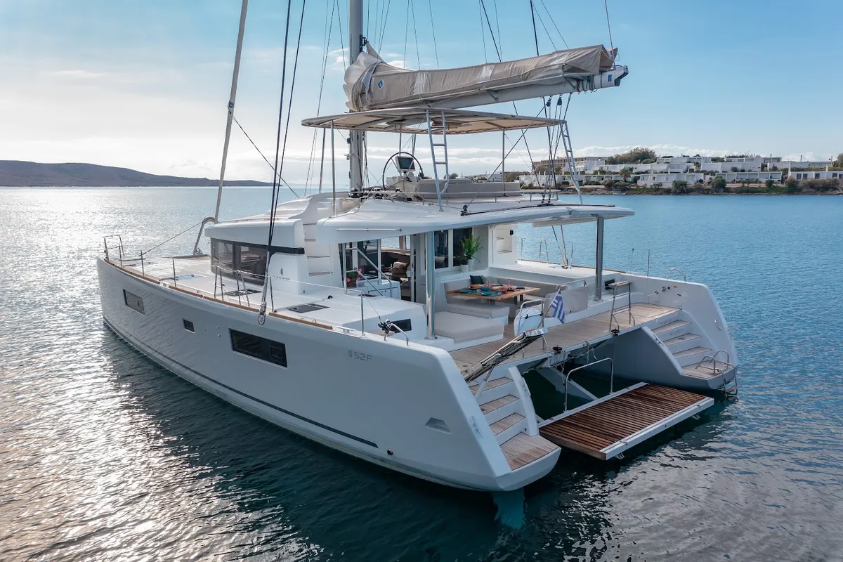 Madinina, a Lagoon 52F catamaran at Skiathos, Greece