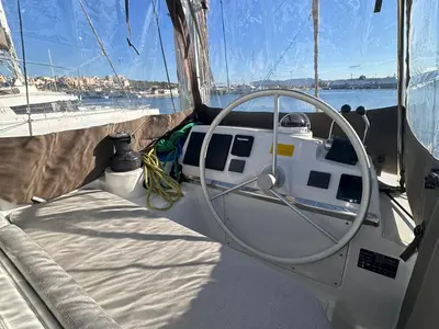 Cockpit of High School, a Bali 4.2 catamaran at Svoronata, Greece