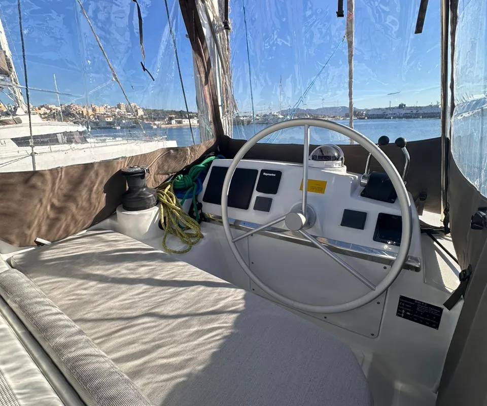 Cockpit of High School, a Bali 4.2 catamaran at Svoronata, Greece