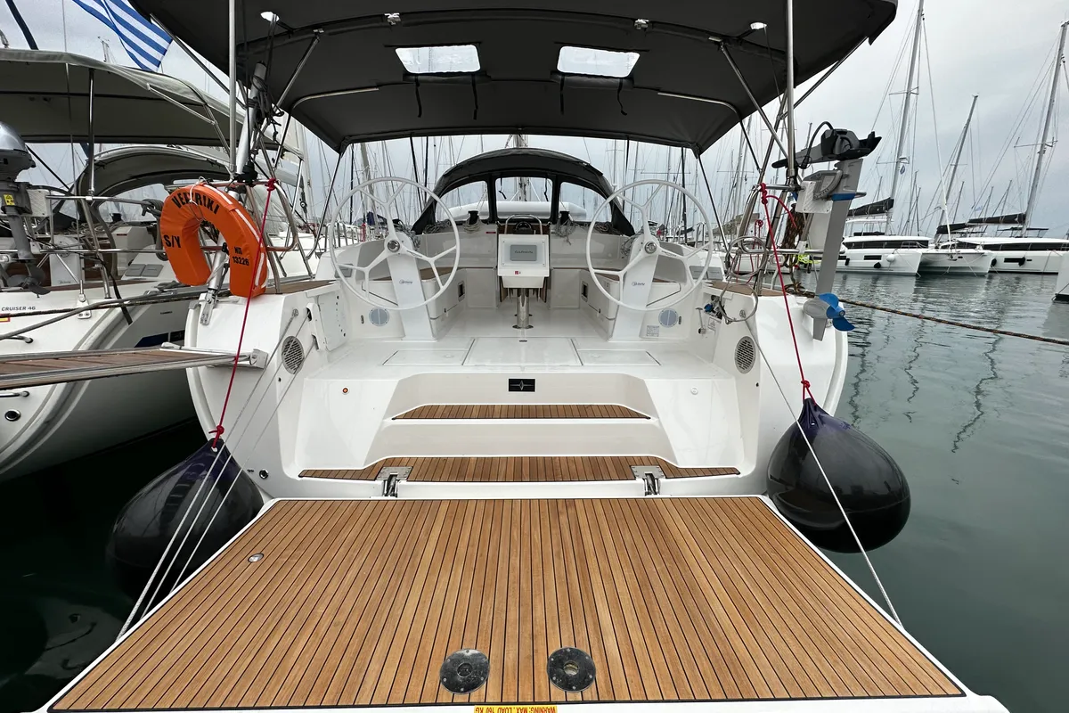Cockpit of Veatriki, a Bavaria Cruiser 46 Style sailboat at Athens, Greece