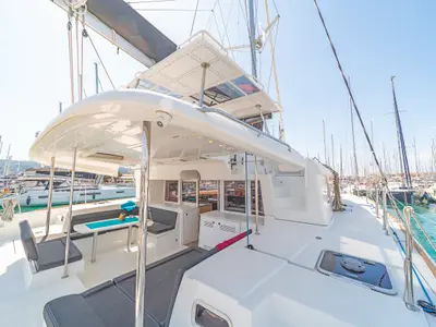 Deck of Caretta Nana, a Lagoon 450 Fly catamaran at Municipal Unit of Lefkada, Greece