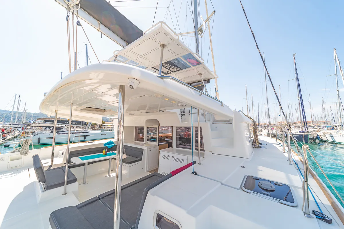Deck of Caretta Nana, a Lagoon 450 Fly catamaran at Municipal Unit of Lefkada, Greece