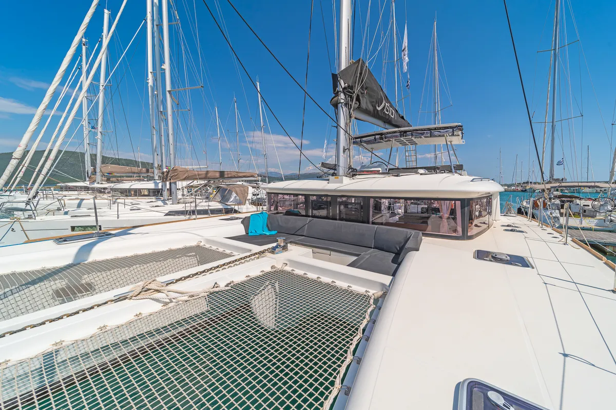 Deck of Caretta Nana, a Lagoon 450 Fly catamaran at Municipal Unit of Lefkada, Greece