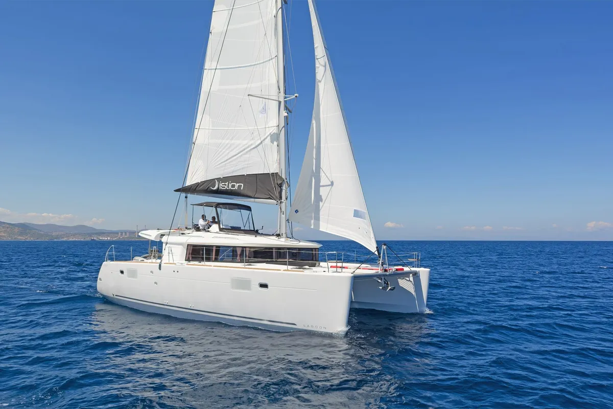 Exterior view of Caretta Nana, a Lagoon 450 Fly catamaran at Municipal Unit of Lefkada, Greece