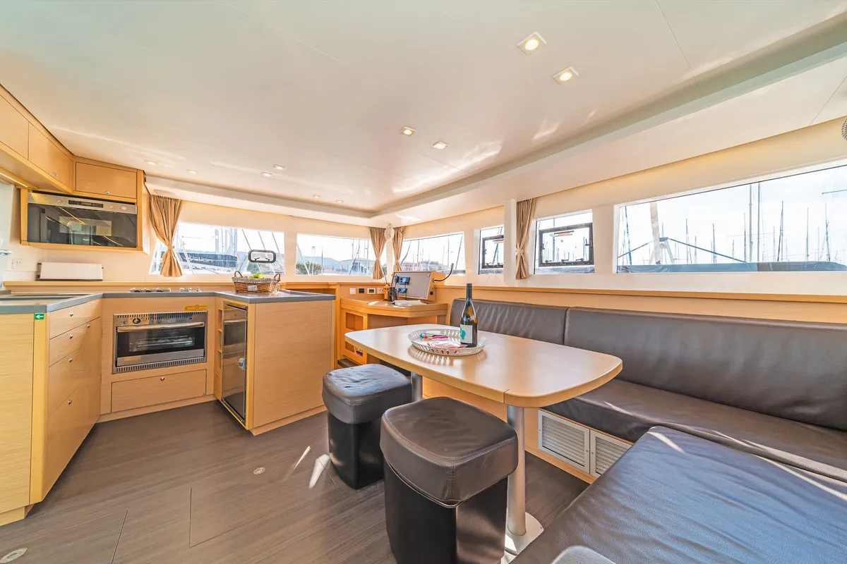 Salon of Caretta Nana, a Lagoon 450 Fly catamaran at Municipal Unit of Lefkada, Greece