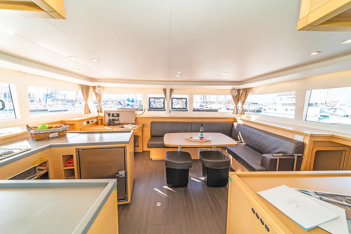 Salon of Caretta Nana, a Lagoon 450 Fly catamaran at Municipal Unit of Lefkada, Greece