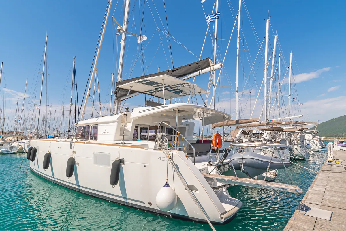 Exterior view of Caretta Nana, a Lagoon 450 Fly catamaran at Municipal Unit of Lefkada, Greece