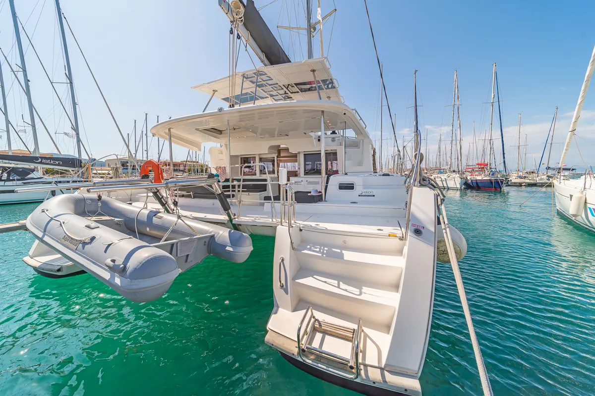 Exterior view of Caretta Nana, a Lagoon 450 Fly catamaran at Municipal Unit of Lefkada, Greece