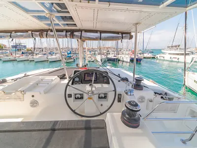 Cockpit of Caretta Nana, a Lagoon 450 Fly catamaran at Municipal Unit of Lefkada, Greece
