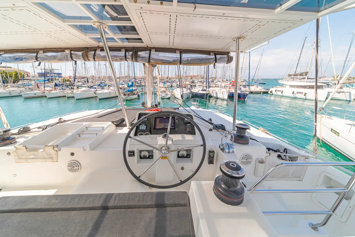 Cockpit of Caretta Nana, a Lagoon 450 Fly catamaran at Municipal Unit of Lefkada, Greece