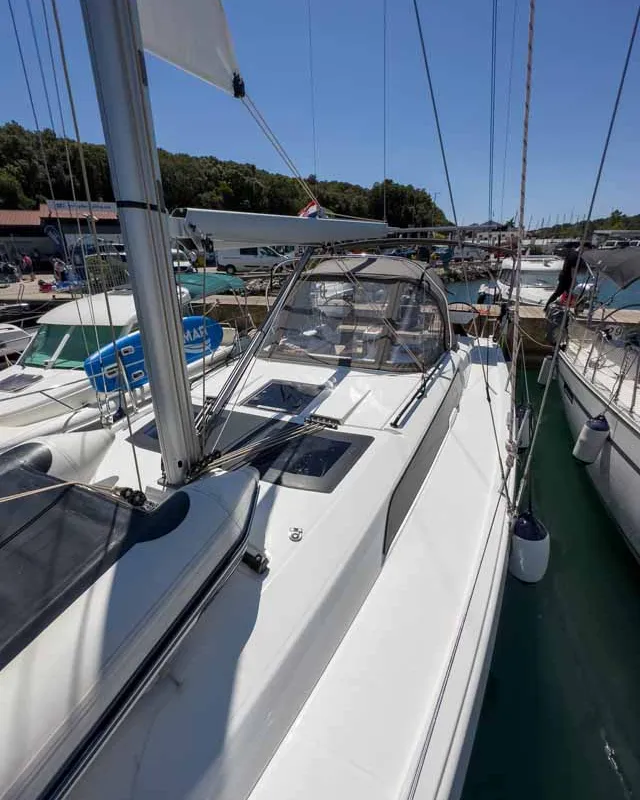 Deck of Arktur, a Dufour 37 sailboat at Grad Pula, Croatia