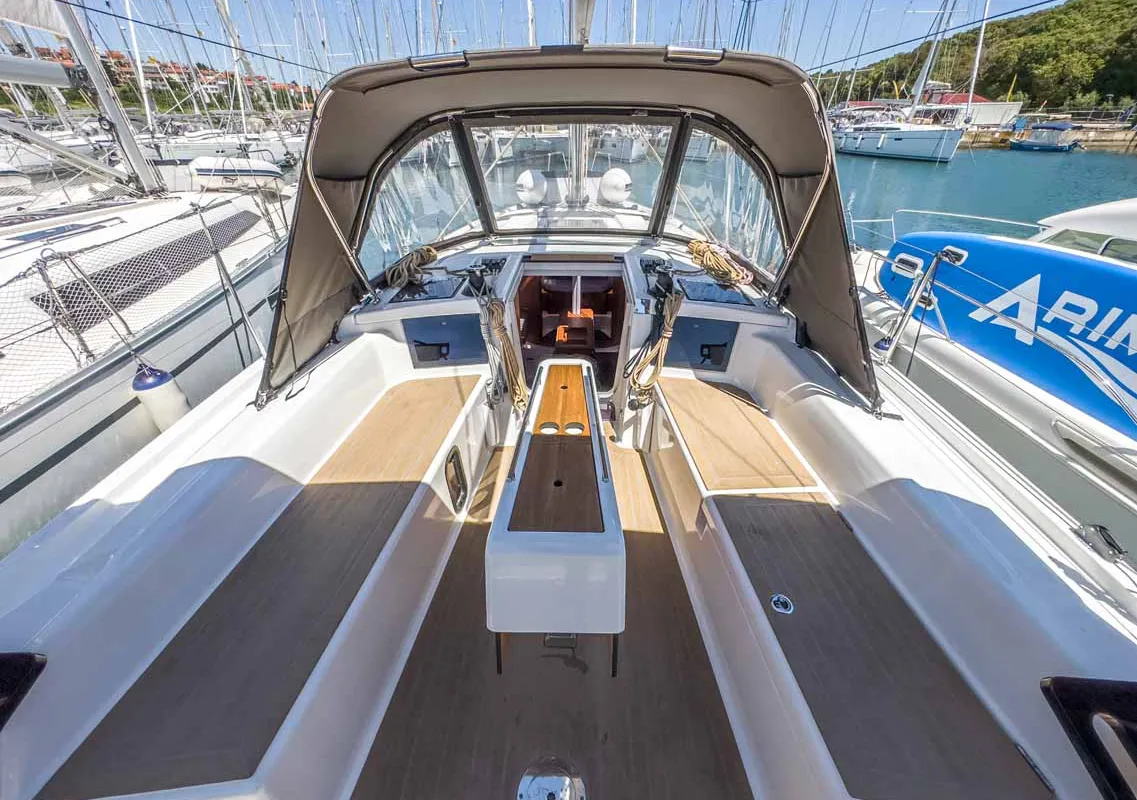 Deck of Arktur, a Dufour 37 sailboat at Grad Pula, Croatia