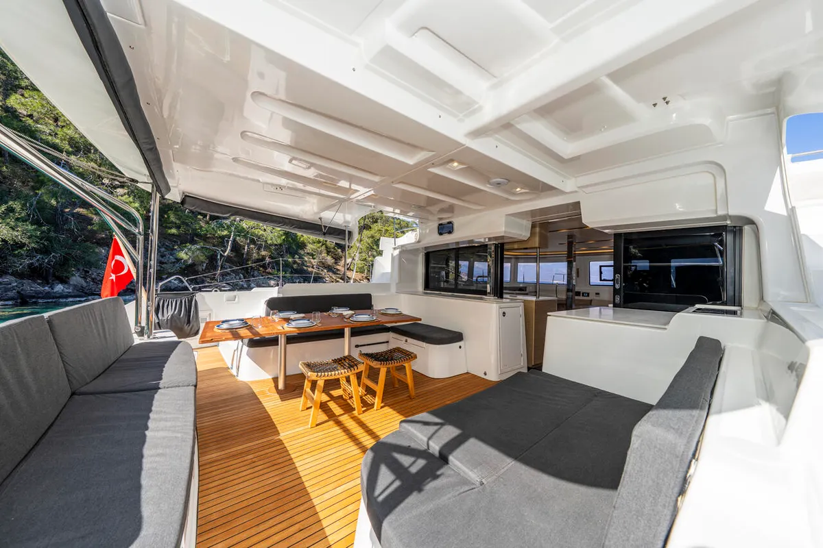 Deck of Albatros Escape, a Lagoon 46 catamaran at Fethiye, Turkey
