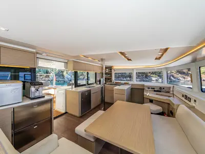 Salon of Albatros Escape, a Lagoon 46 catamaran at Fethiye, Turkey