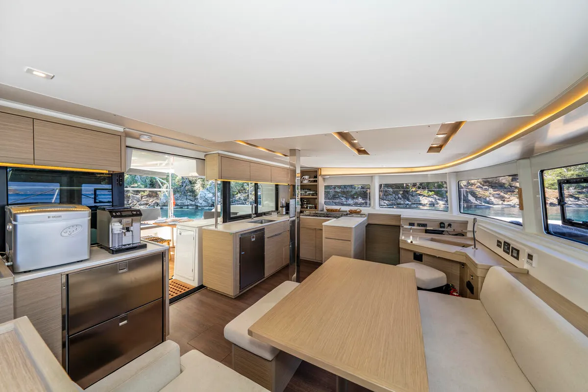 Salon of Albatros Escape, a Lagoon 46 catamaran at Fethiye, Turkey
