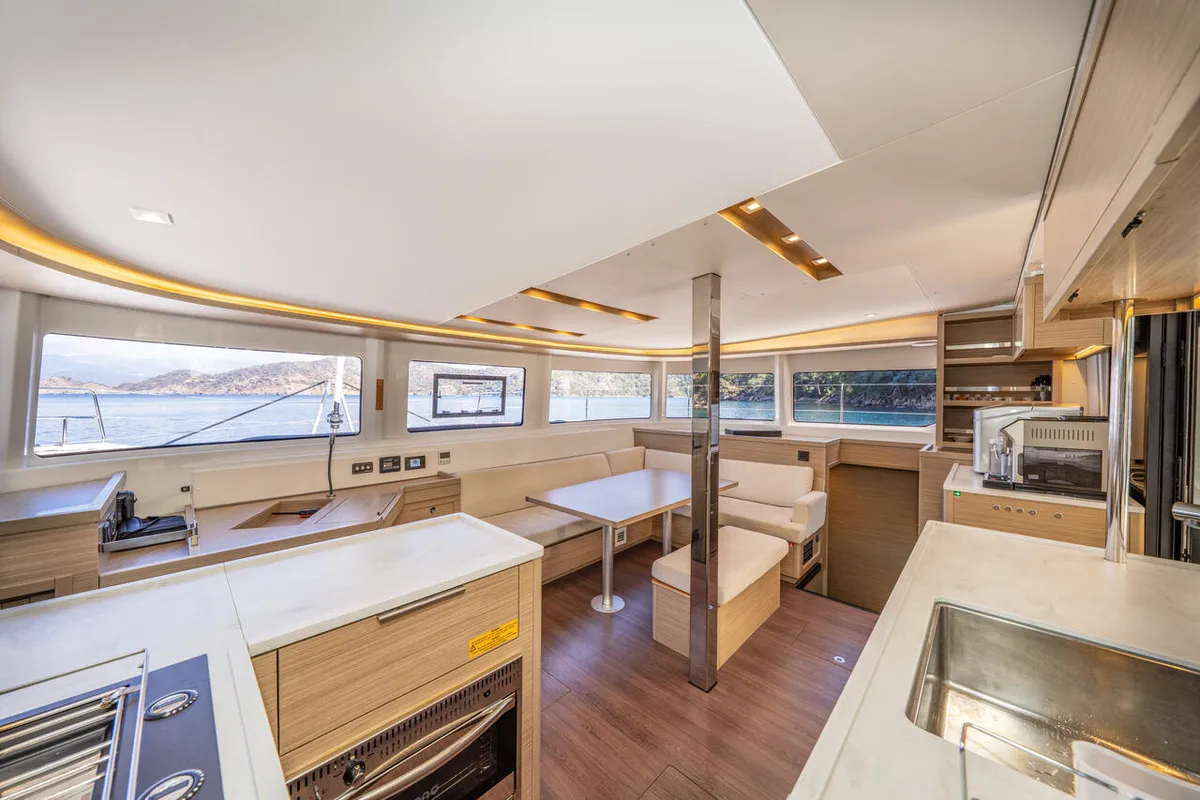 Salon of Albatros Escape, a Lagoon 46 catamaran at Fethiye, Turkey