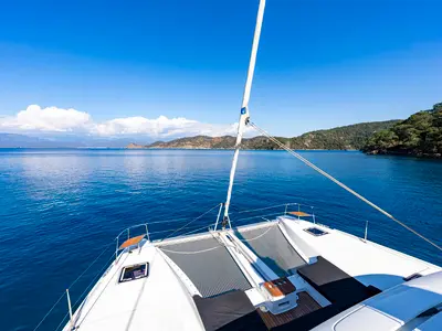 Deck of Albatros Escape, a Lagoon 46 catamaran at Fethiye, Turkey