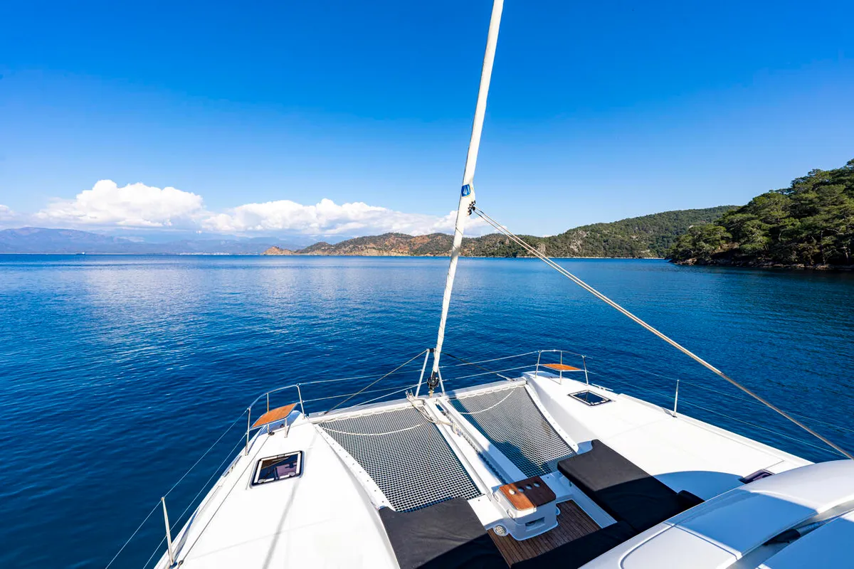 Deck of Albatros Escape, a Lagoon 46 catamaran at Fethiye, Turkey