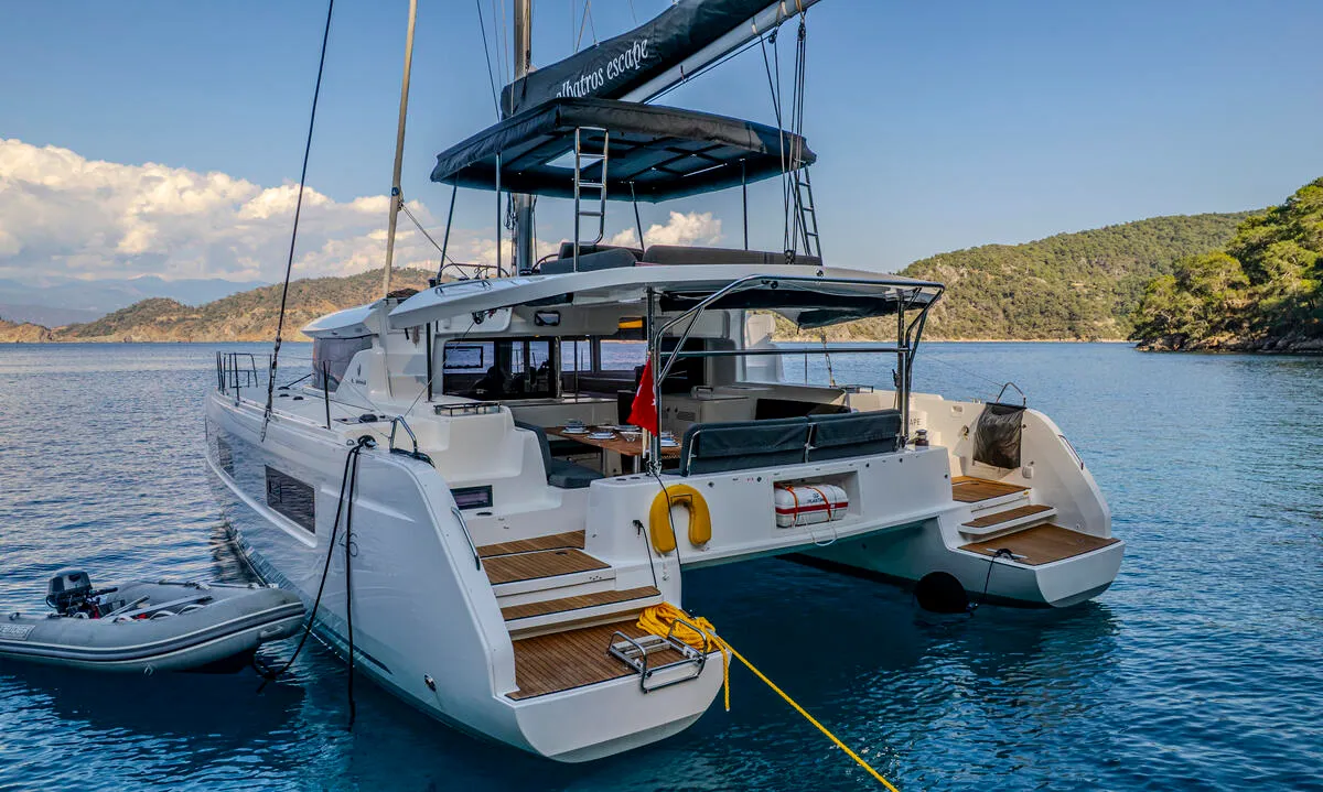Exterior view of Albatros Escape, a Lagoon 46 catamaran at Fethiye, Turkey
