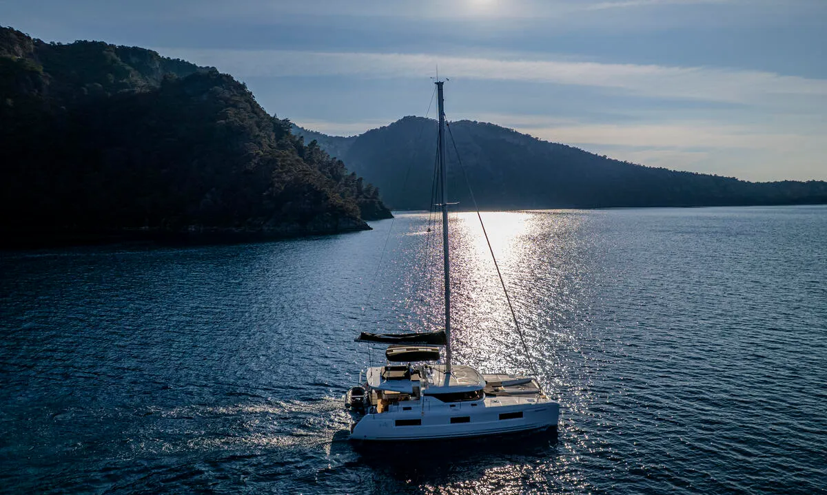 Exterior view of Albatros Escape, a Lagoon 46 catamaran at Fethiye, Turkey