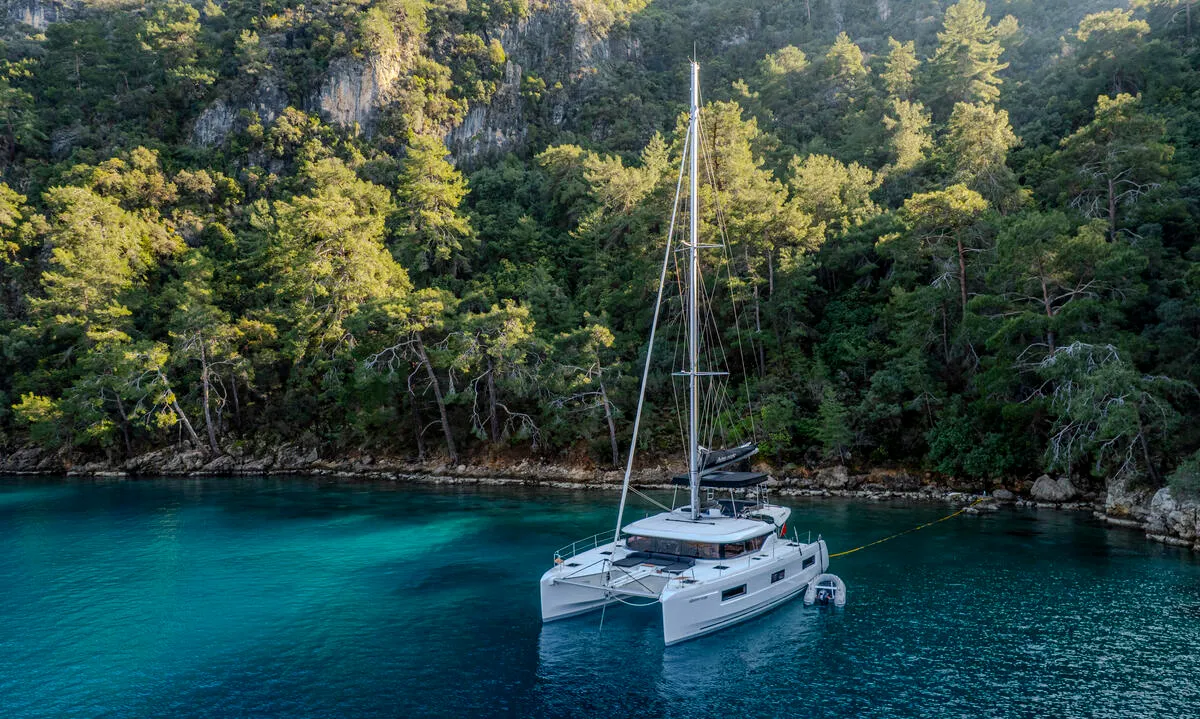 Exterior view of Albatros Escape, a Lagoon 46 catamaran at Fethiye, Turkey