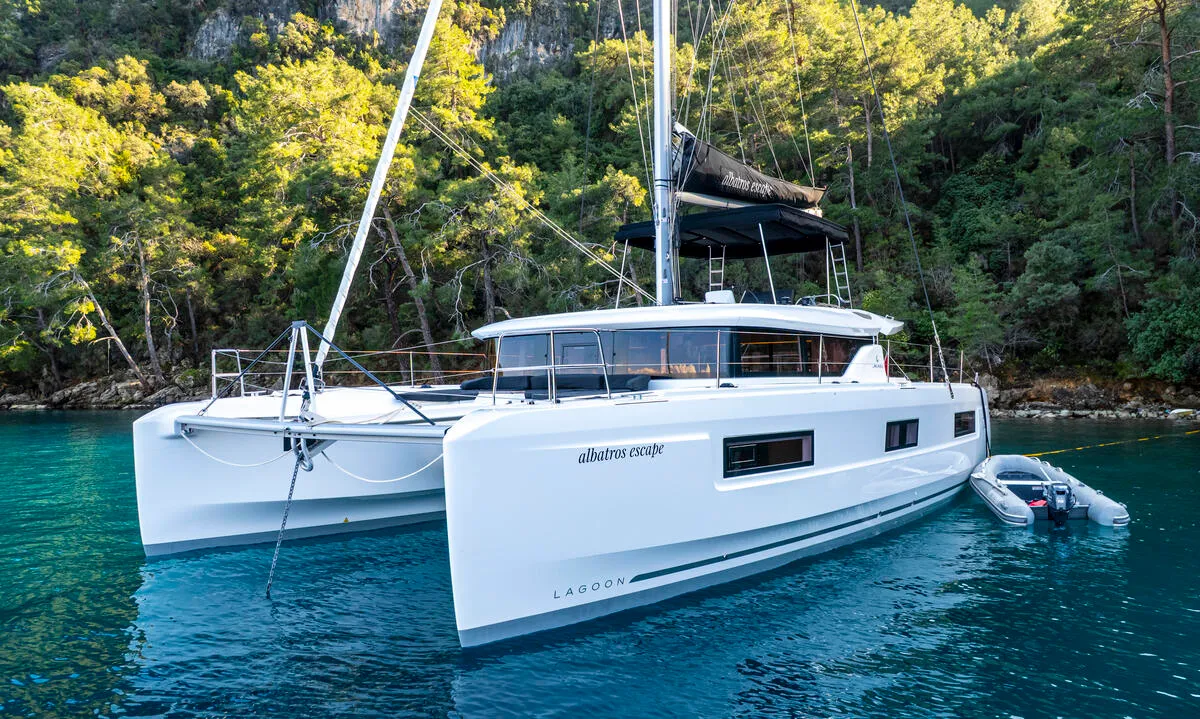 Exterior view of Albatros Escape, a Lagoon 46 catamaran at Fethiye, Turkey