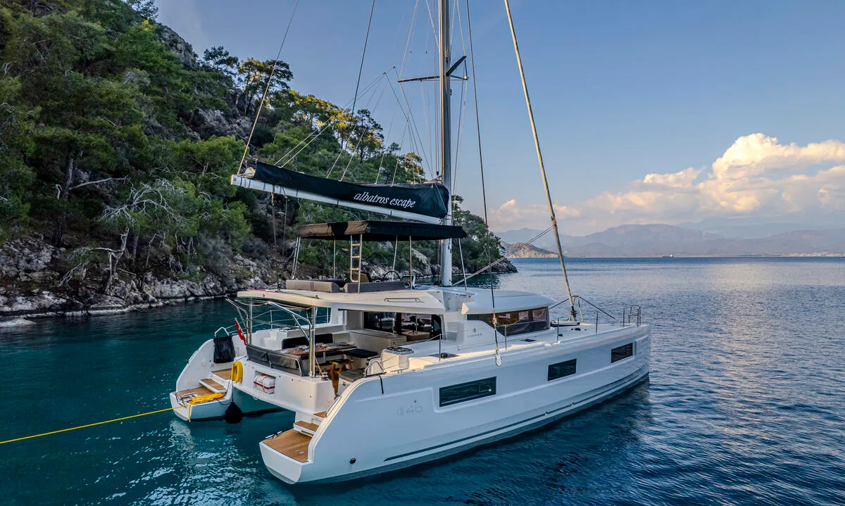 Exterior view of Albatros Escape, a Lagoon 46 catamaran at Fethiye, Turkey