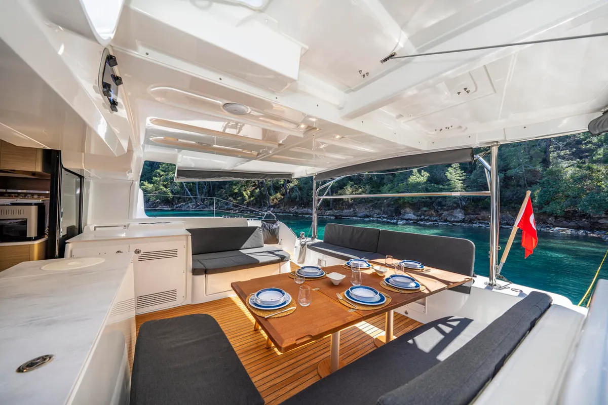 Deck of Albatros Escape, a Lagoon 46 catamaran at Fethiye, Turkey