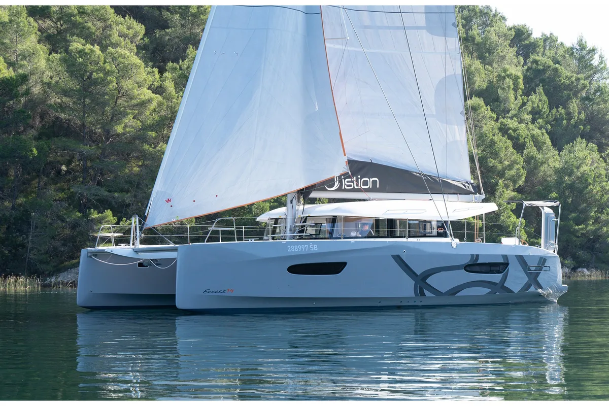 Exterior view of First Journey, a Excess 14 catamaran at Skradin, Croatia