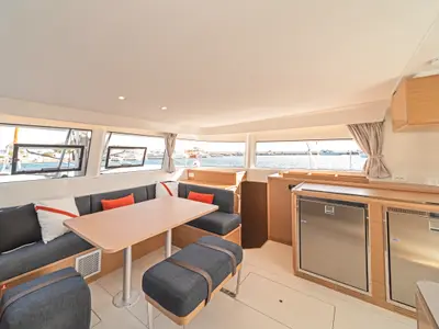 Salon of First Journey, a Excess 14 catamaran at Skradin, Croatia