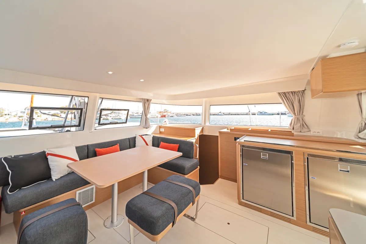 Salon of First Journey, a Excess 14 catamaran at Skradin, Croatia