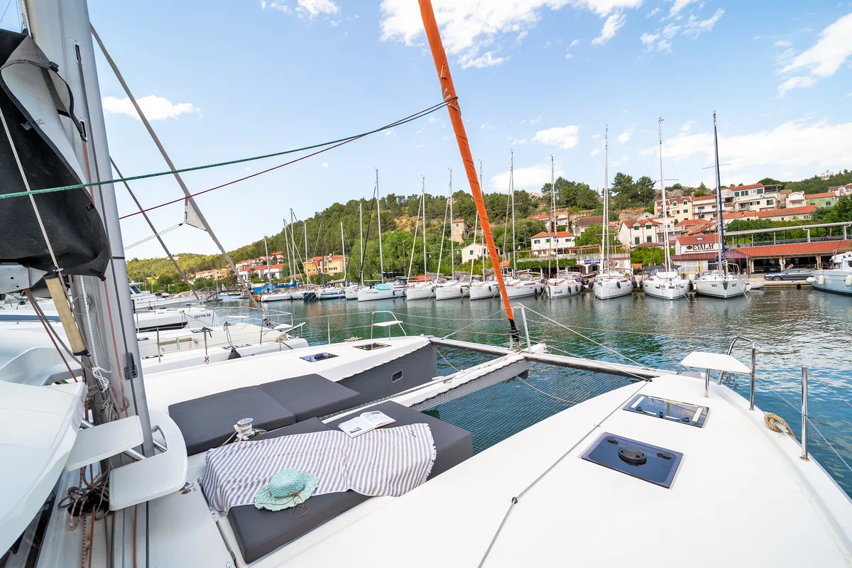 Deck of First Journey, a Excess 14 catamaran at Skradin, Croatia