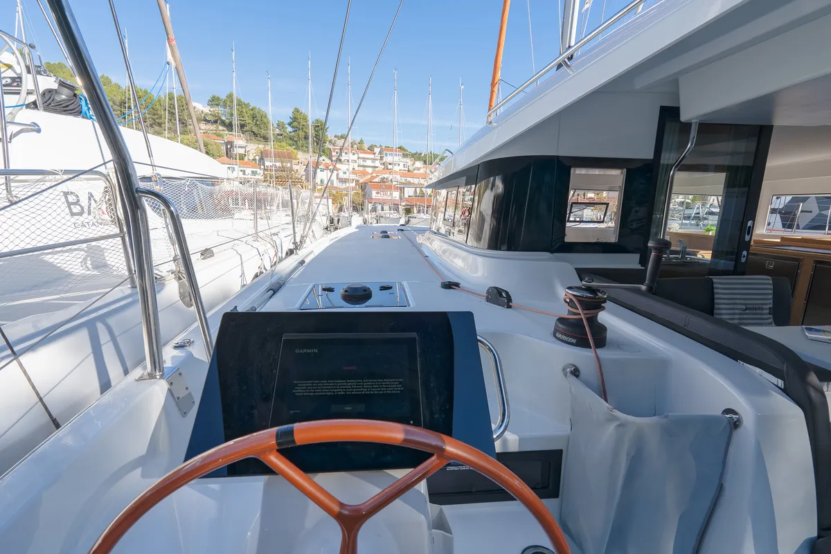 Cockpit of First Journey, a Excess 14 catamaran at Skradin, Croatia
