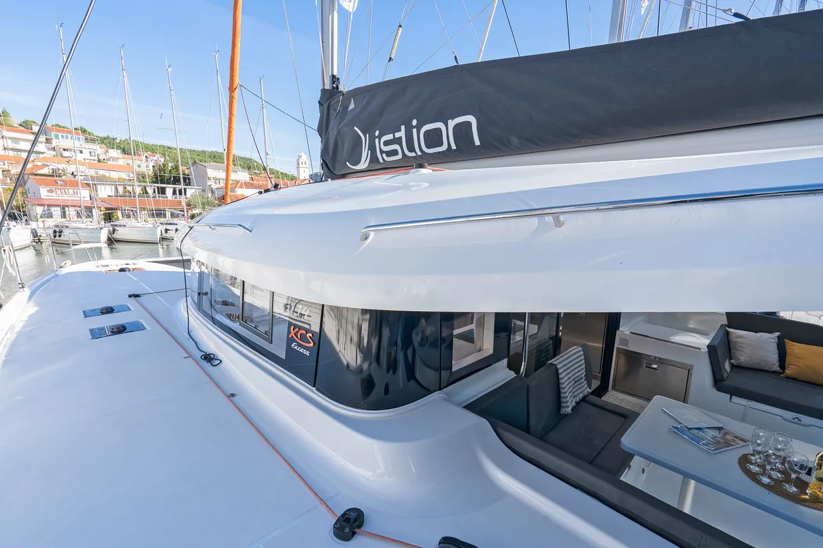 Exterior view of First Journey, a Excess 14 catamaran at Skradin, Croatia