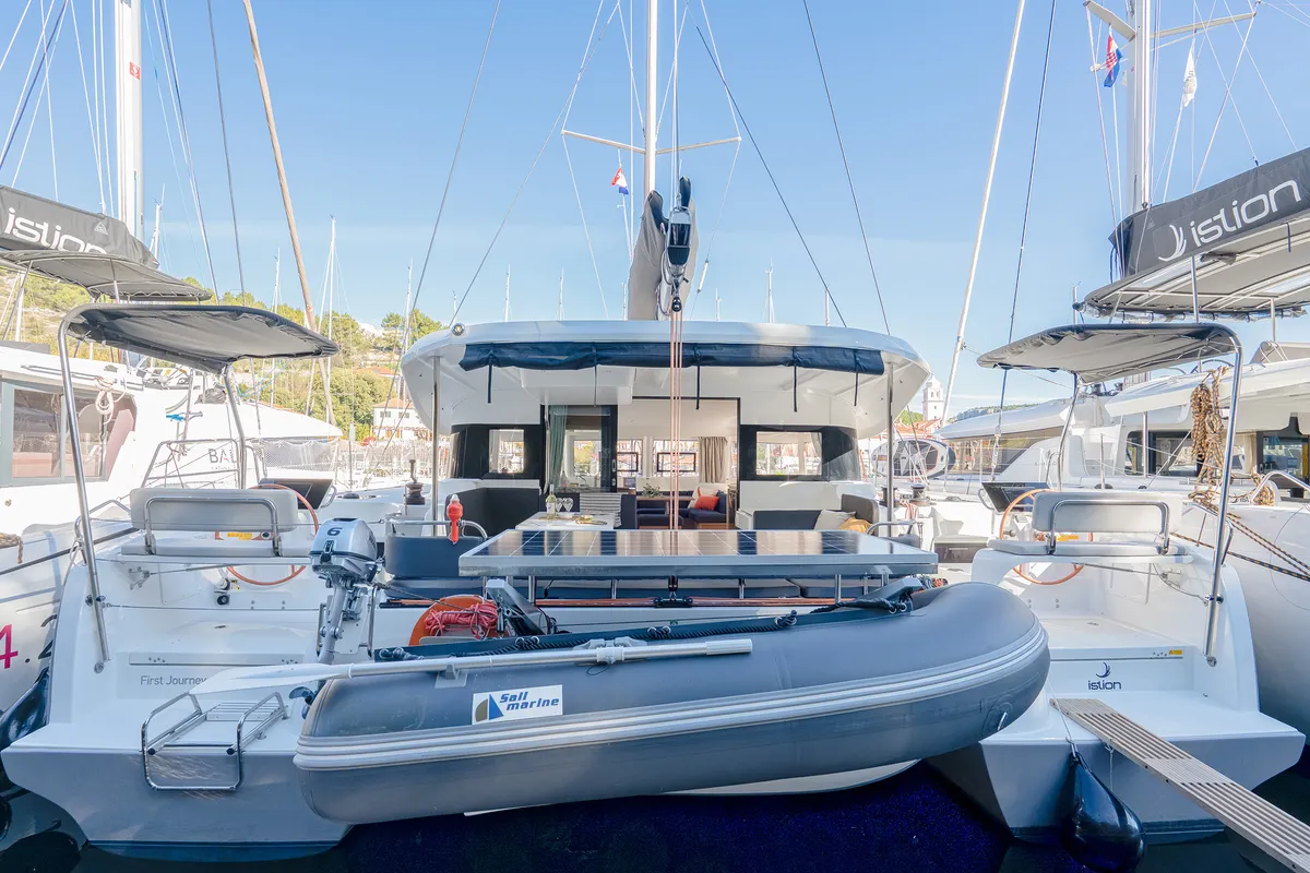 Exterior view of First Journey, a Excess 14 catamaran at Skradin, Croatia