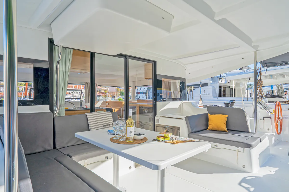 Deck of First Journey, a Excess 14 catamaran at Skradin, Croatia