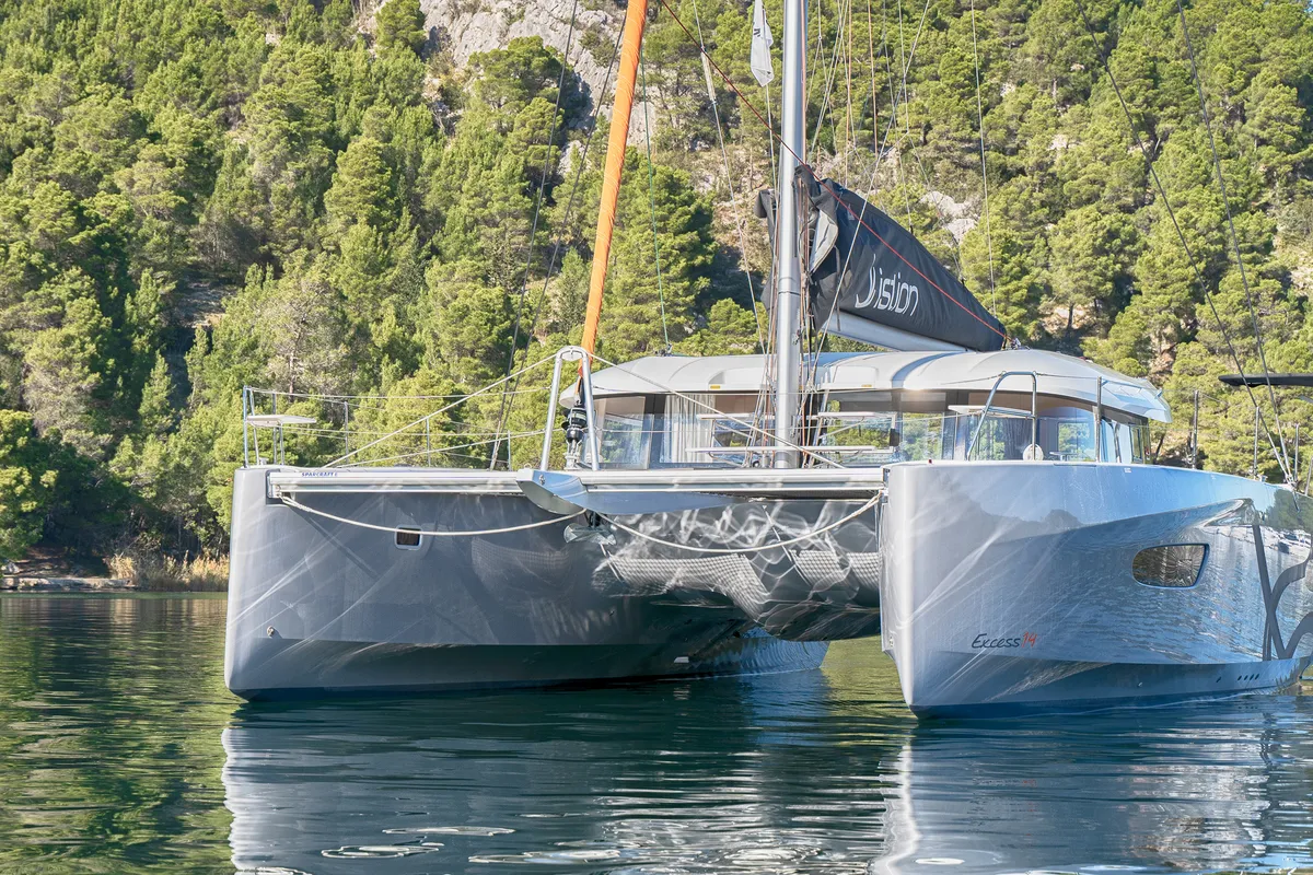 Exterior view of First Journey, a Excess 14 catamaran at Skradin, Croatia