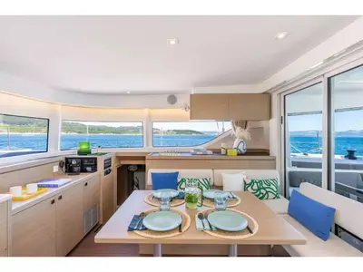 Salon of Calipso, a Lagoon 43 catamaran at Olbia, Italy