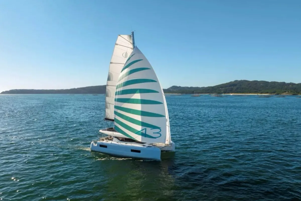 Exterior view of Calipso, a Lagoon 43 catamaran at Olbia, Italy